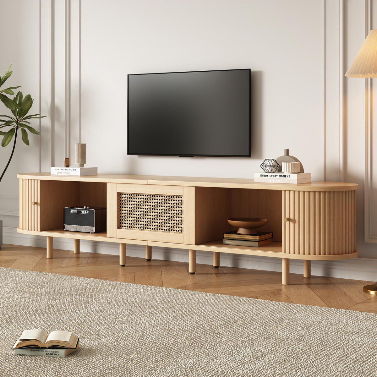 TV-ELEMENT180X40X40CM Fernsehtisch Lowboard Rattan-Optik Schiebetüren Holzfarbe - Naturfarben, Holz (49.5/14.5/120cm) - Raelunyi
