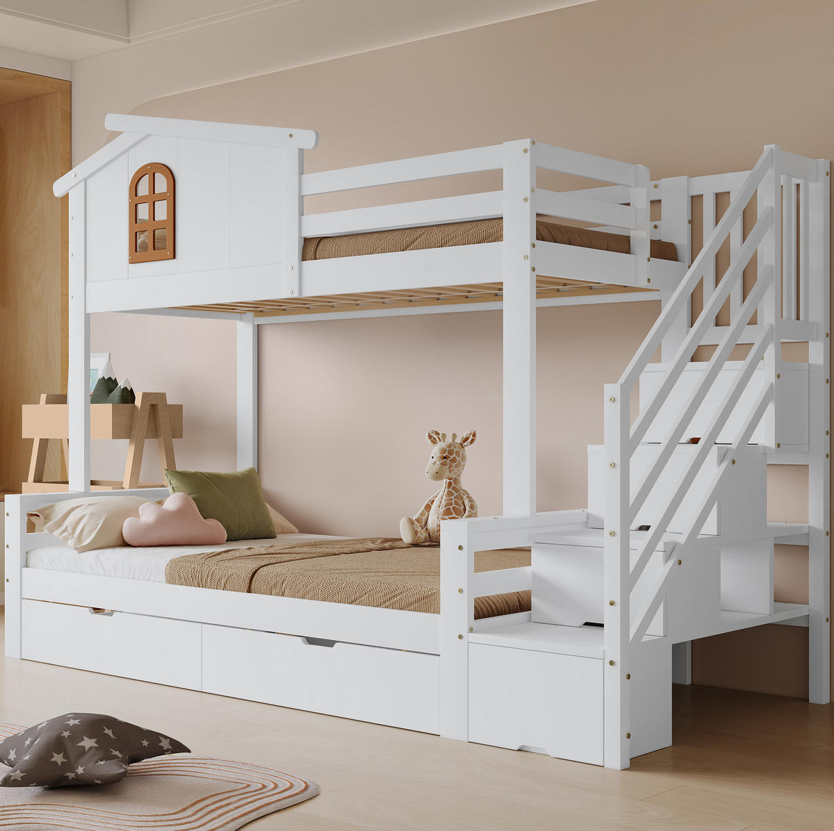 ETAGENBETT 90/200 cm & 120/200 cm mit 2 Schubladen, Eck-Leiterschrank und Fenstern, Weiß/Natur - Weiß, Holzwerkstoff (90/200cm) - Redom