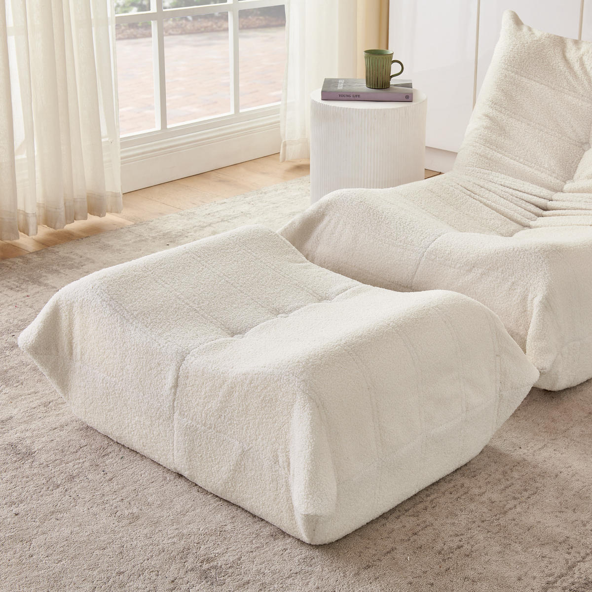 SITZSACK Teddystoff Beige mit Hocker - Beige, Textil (100/70/90cm) - WISHDOR