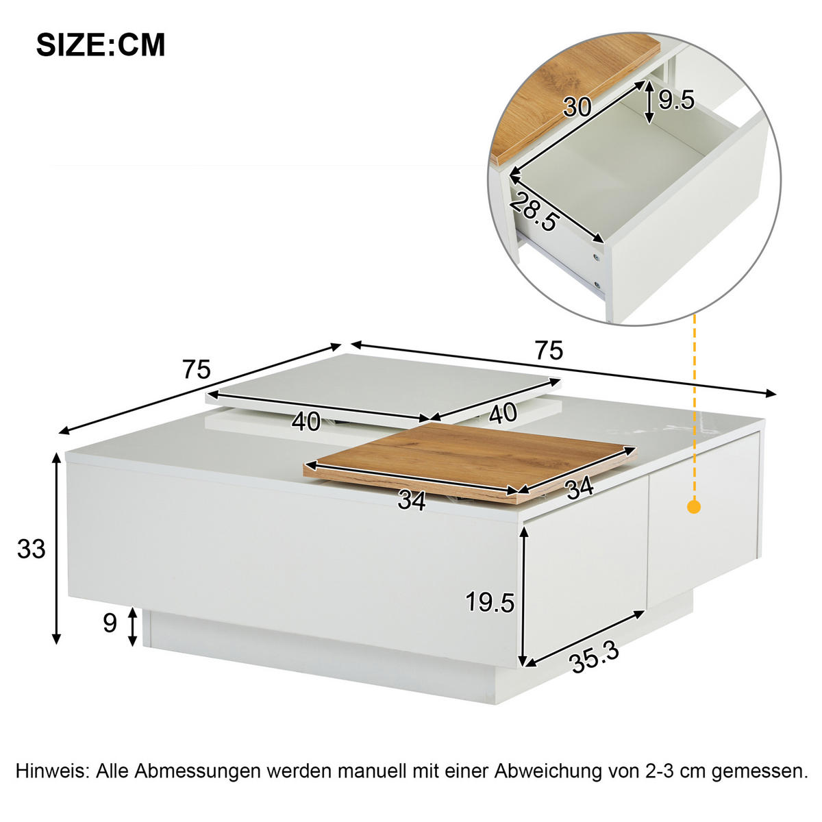 COUCHTISCH 75/75/33,5 cm in Weiß Hochglanz mit 4 Schubladen und verschiebbaren Platten - Weiß, Holzwerkstoff (75/75/33.5cm) - Flora Grace