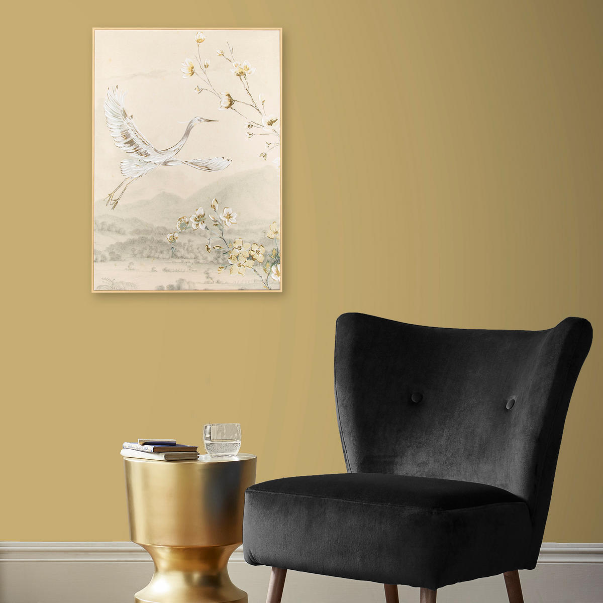 LEINWANDBILD - Kranich mit Blüte - 70x50cm - Beige - Gelb, Holzwerkstoff (50/70cm) - Art for the Home