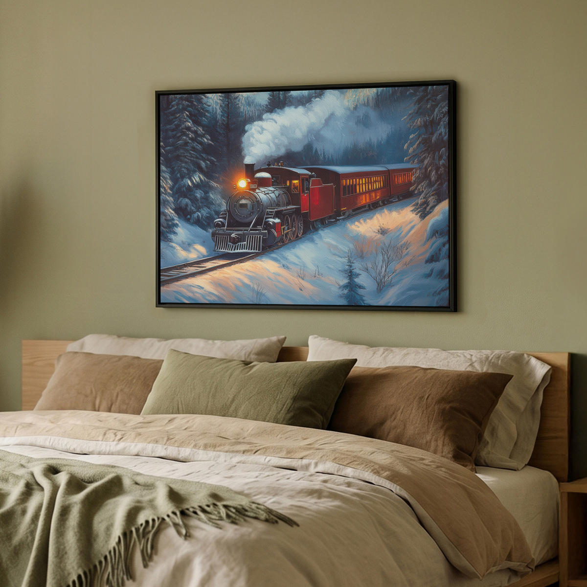 LEINWAND Bilder mit Rahmen - Zug - Weihnachten - Schnee - Weihnachtszug - 80x60 - Anthrazit, Textil (80/60cm) - MuchoWow