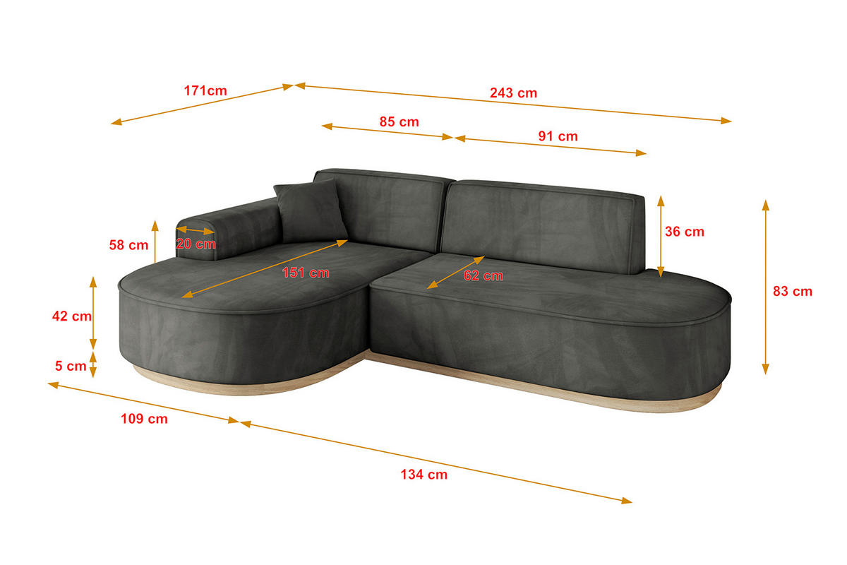 ECKSOFA Ottomane Links MARI-L1-v1 - 243x171x83 cm Dunkelgrau Velours - Dunkelgrau, Holzwerkstoff/Textil (243/171cm) - ALTDECOR
