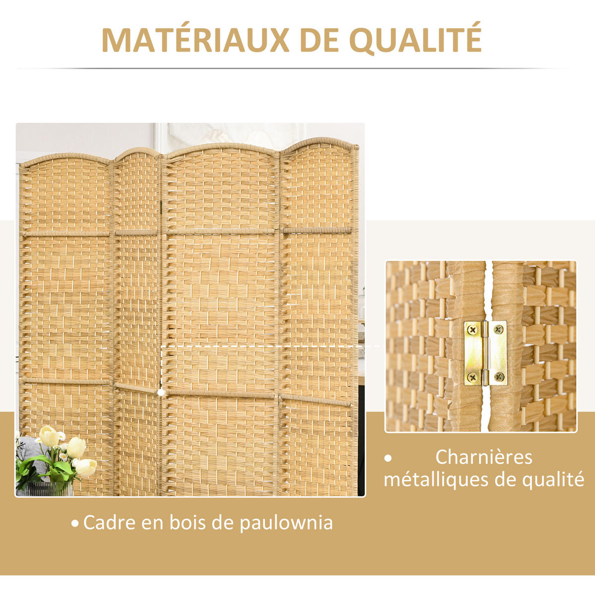 PARAVENT DE-14275 klappbar 4 Paneele 180x180 cm Natur - Naturfarben, Kunststoff (180/180/1.7cm) - ComfortXL