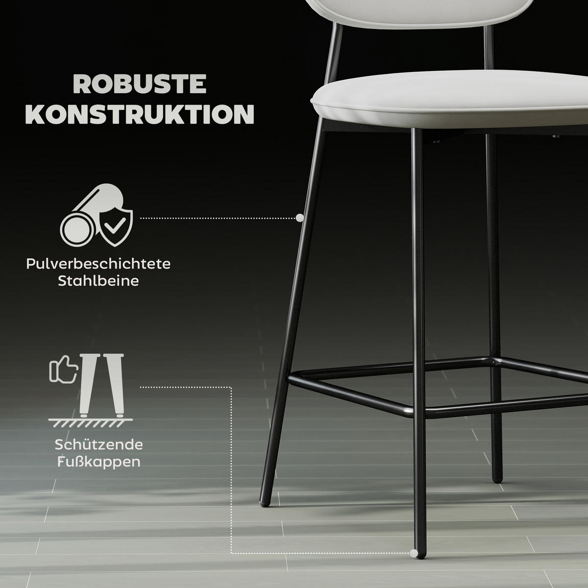 2ER-SET Barhocker, Bistrohocker mit Fußstütze, Samt-Bezug Stahlbeinen Hellgrau - Hellgrau/Schwarz, Textil/Metall (45/102/49cm) - HOMCOM