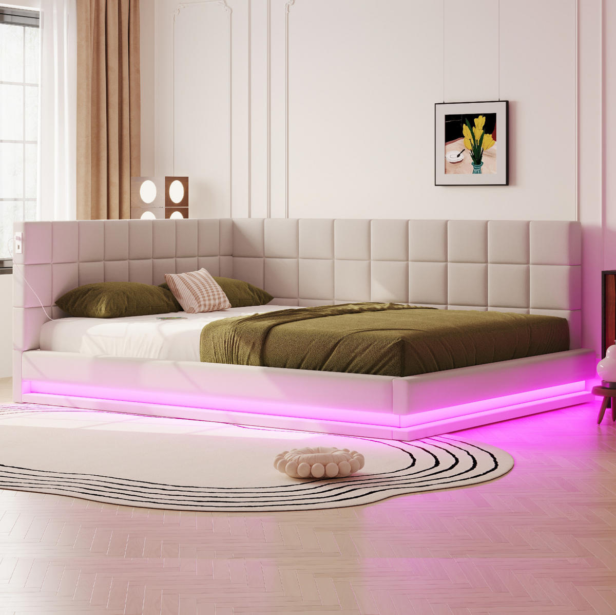 POLSTERBETT 160/200 cm Beige aus Leinenstoff mit LED-Beleuchtung und USB-Anschluss - Beige, Textil (160/200cm) - OKMYHOME