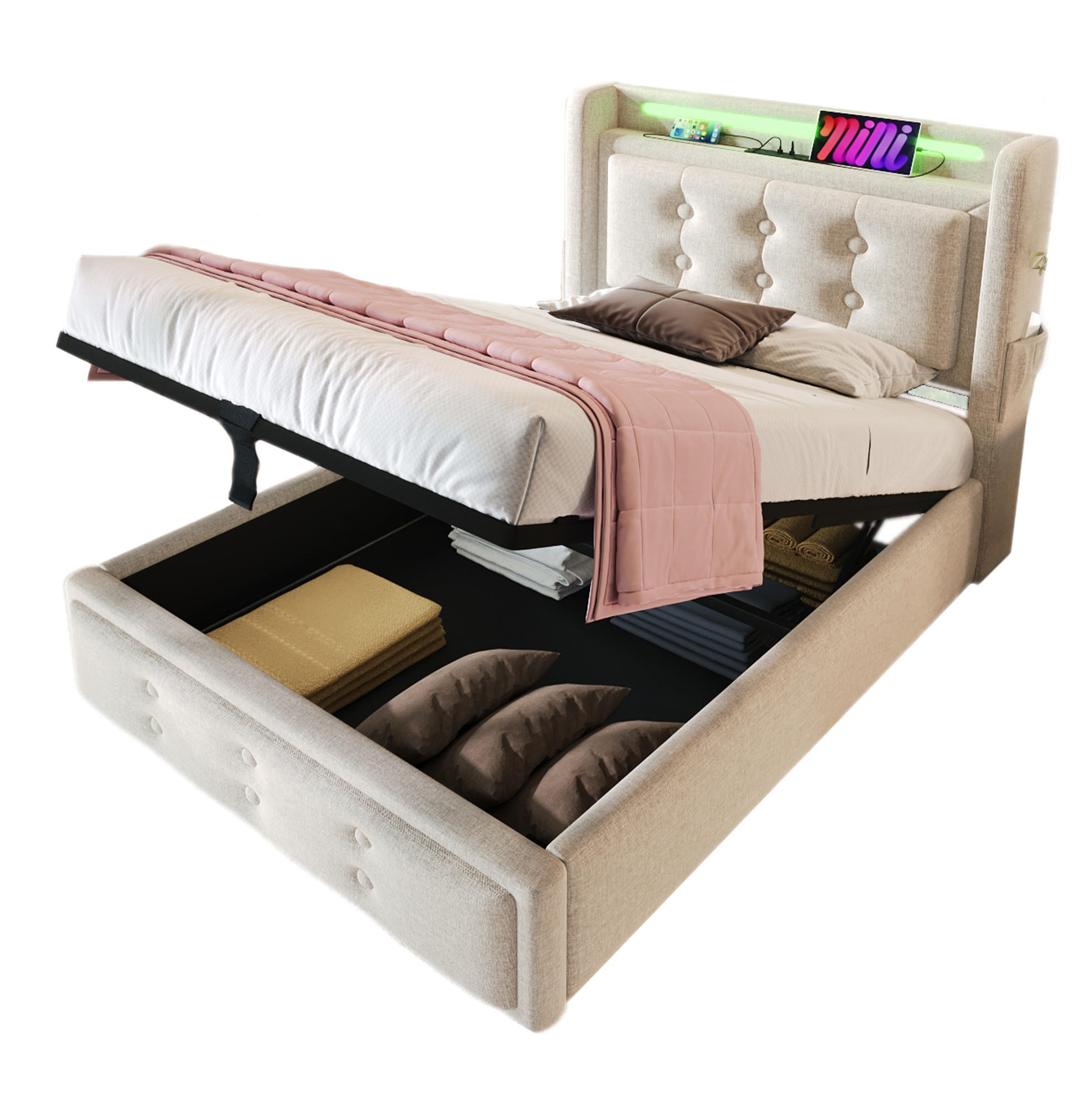 POLSTERBETT 90/200 cm Beige aus Baumwoll-Leinen mit LED und Ladefunktion - Beige, Textil (90/200cm) - OKMYHOME