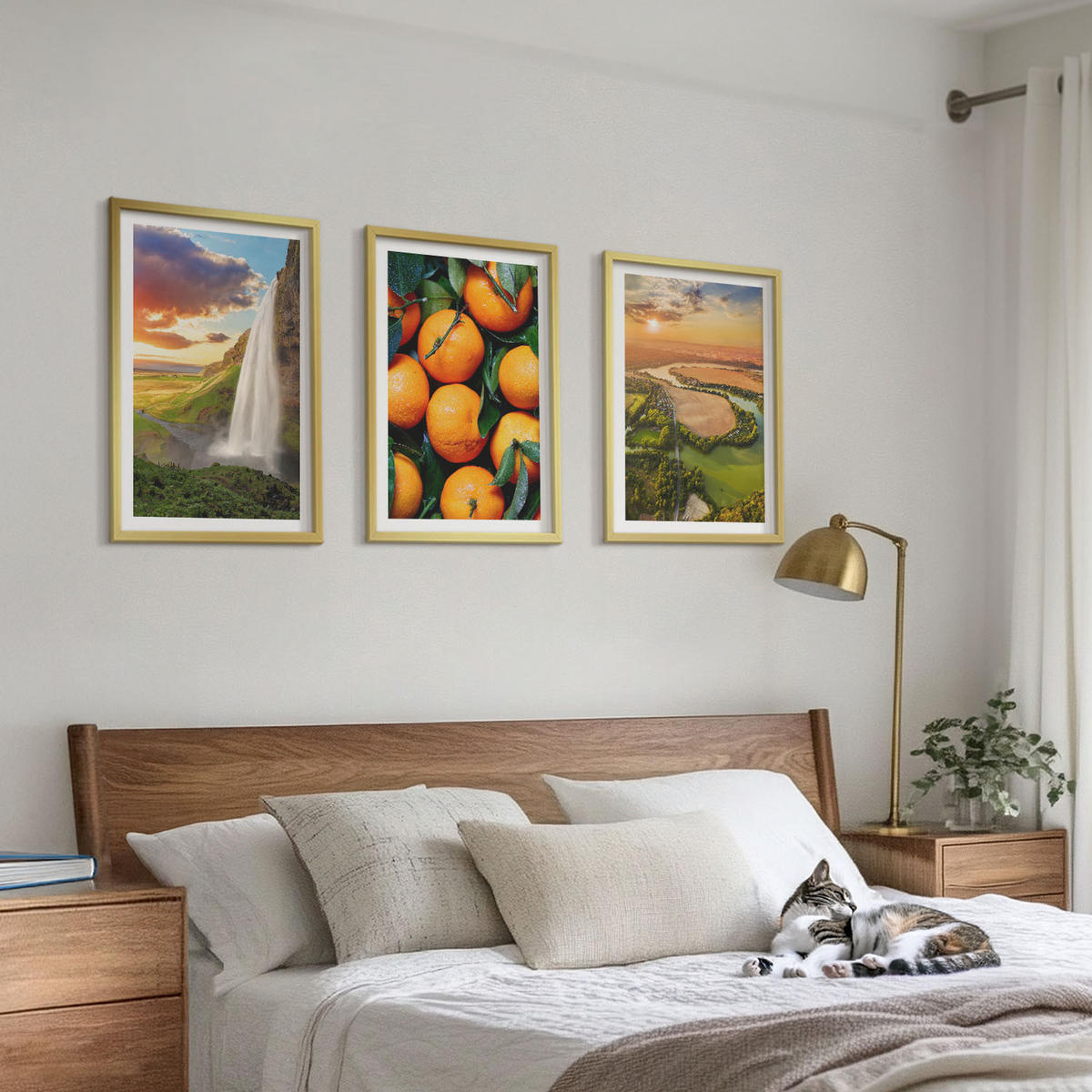 BILDER SET 3er Set - 40x60 cm Goldrahmen - Orange Mountain Wasserfall - Goldfarben, Kunststoff (40/60cm) - TULUP