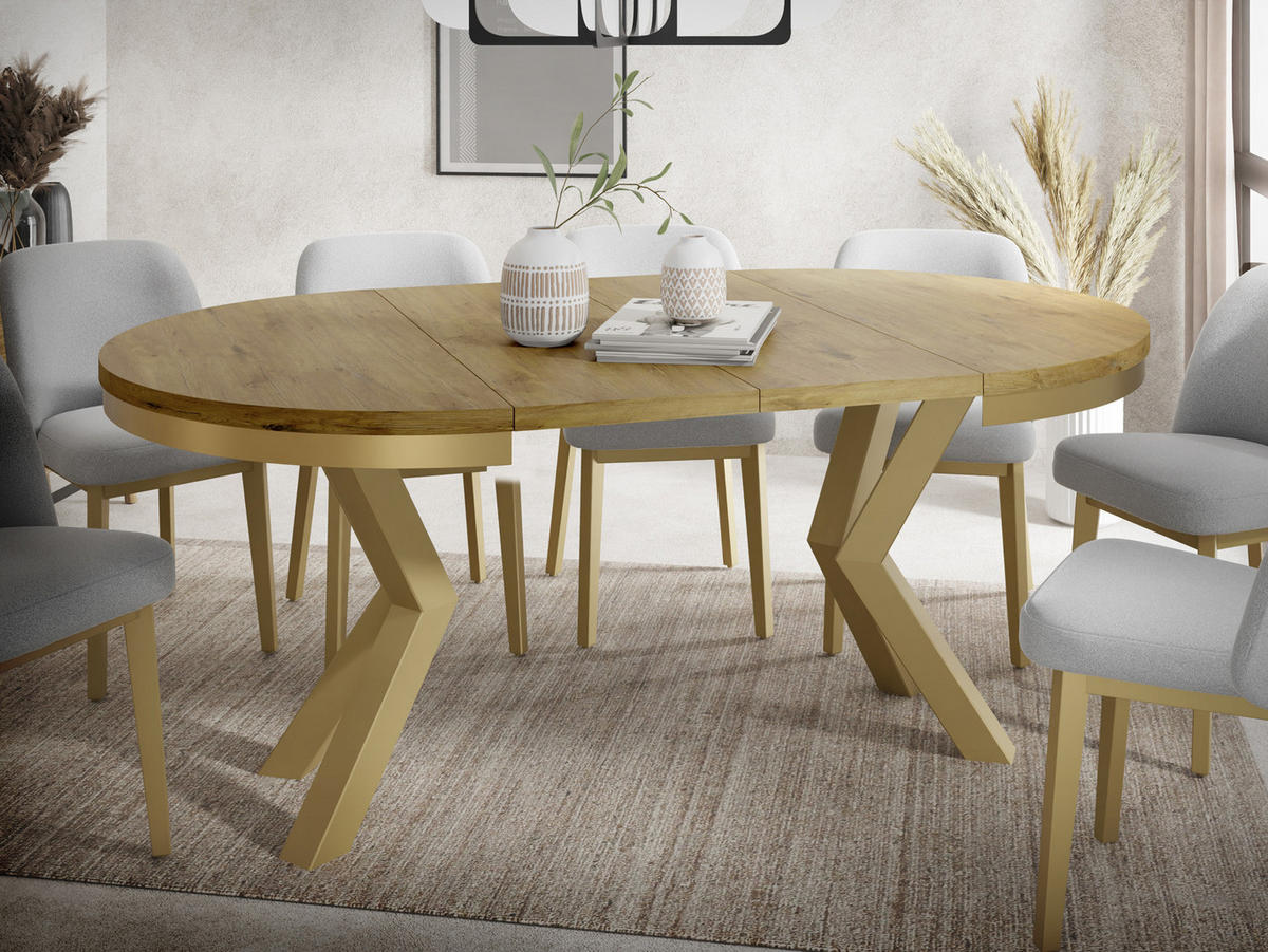 ESSTISCH Clara Gold runder ausziehbarer, Lancelot Eiche 100-180/100/76 cm - Eichefarben/Goldfarben, Holzwerkstoff/Metall (100/100/76cm) - WFL GROUP