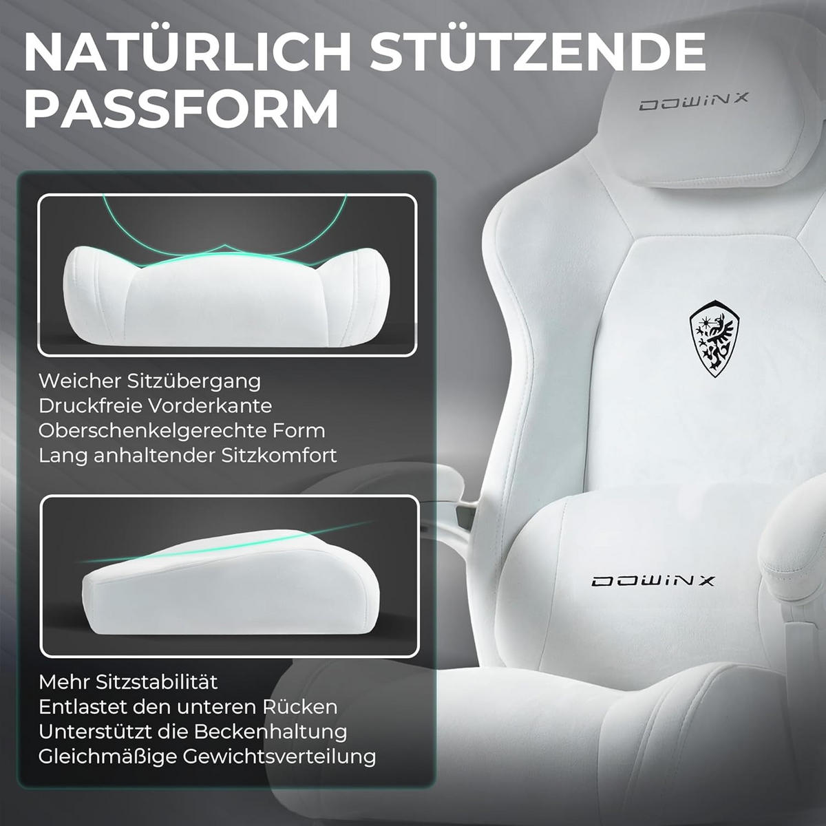 GAMING-STUHL Mikrofaser-Velours & Lendenkissen, Fußstütze 160° Neigbar - Weiß, Leder (70/132/70cm)