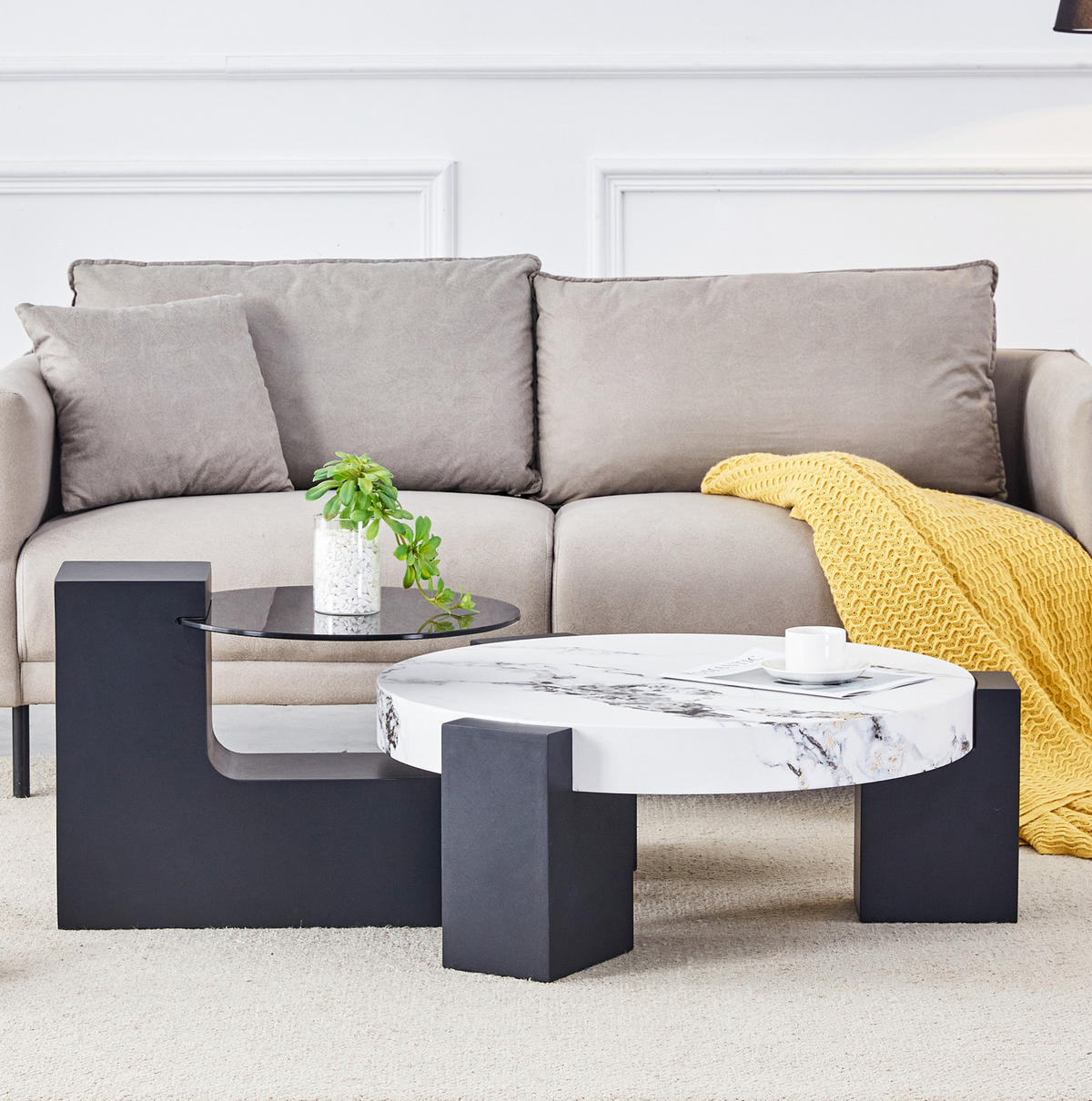 COUCHTISCH 2er-Set rund 61/44 cm Marmor-Optik Schwarz - Weiß, Glas (61/61/39cm) - Meubliv