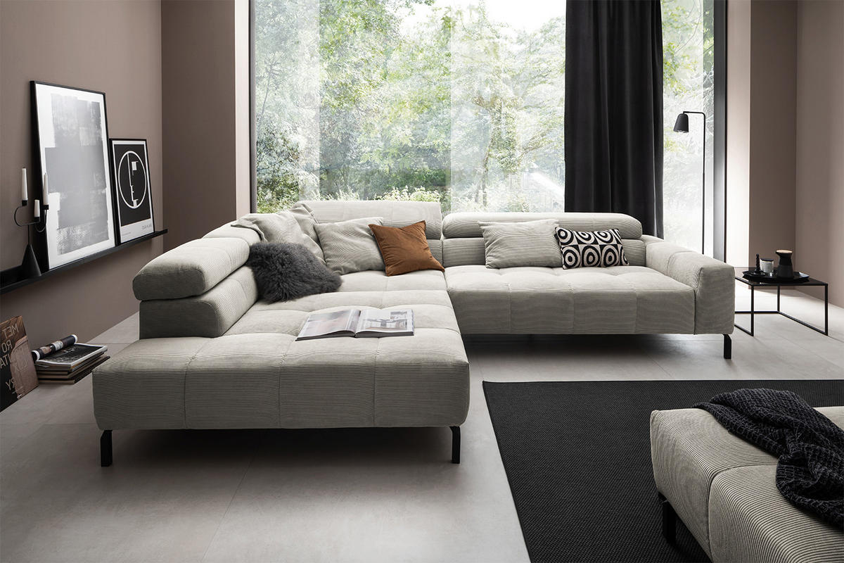 ECKSOFA OHIO Silber Cord - Silberfarben/Schwarz, Textil/Metall (311/219cm) - KAWOLA