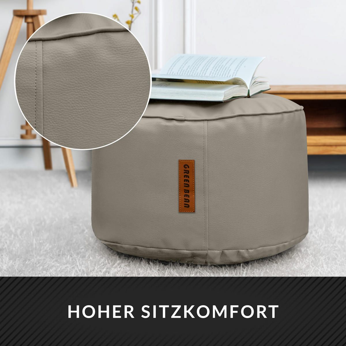 INDOOR HOCKER Stay rund Kunstleder - Hellbraun, Textil (43/30/30cm) - Green Bean