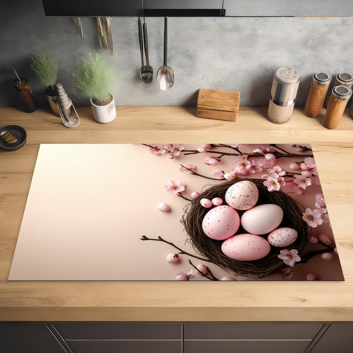 HERDABDECKPLATTE Rosa - Blüten - Eier Ceranfeldabdeckung 90x52 cm - Hellrosa, Kunststoff (90/52/0.2cm) - MuchoWow