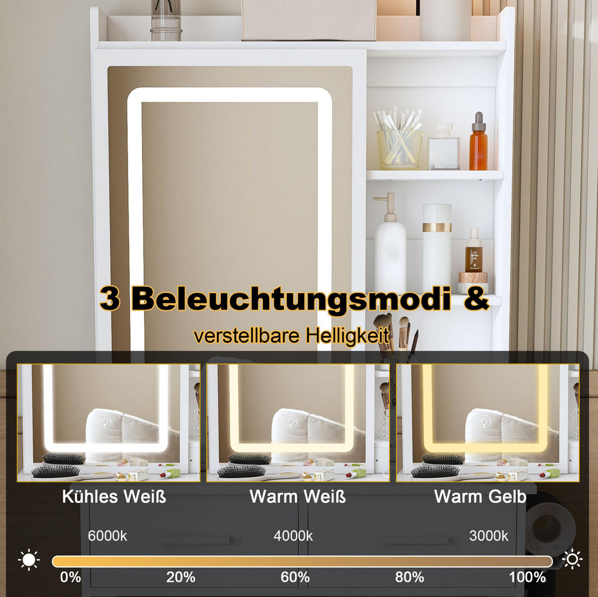 KOZMETIČNA miza, 60/136/36 cm, MDF bela, z LED-osvetlitvijo, USB-priključki in taburejem - bela, leseni material (36/136/60cm) - BEAOK