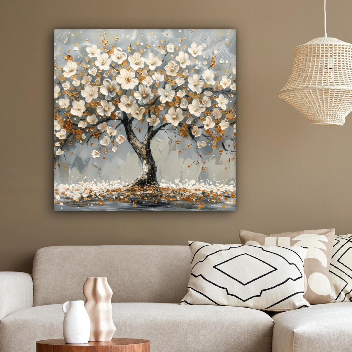 LEINWANDBILD Baum - Blumen - Weiß - Natur - Kunst Deko Groß 90x90 cm - Weiß, Textil (90/90cm) - MuchoWow