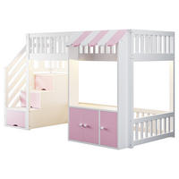 HOCHBETT 90/200 cm DE-01516, in Rosa, mit Stauraumschrank, Stauraumtreppe und LED-Lichtleiste - Pink, Holz (90/200cm) - ComfortXL