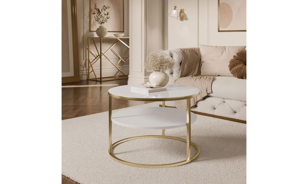 COUCHTISCH CIRI SLIM GLASS Ø60/40 cm gebürstetes Gold / weißes Glas - Goldfarben/Weiß, Glas/Holzwerkstoff (60/60/40cm) - Lookway