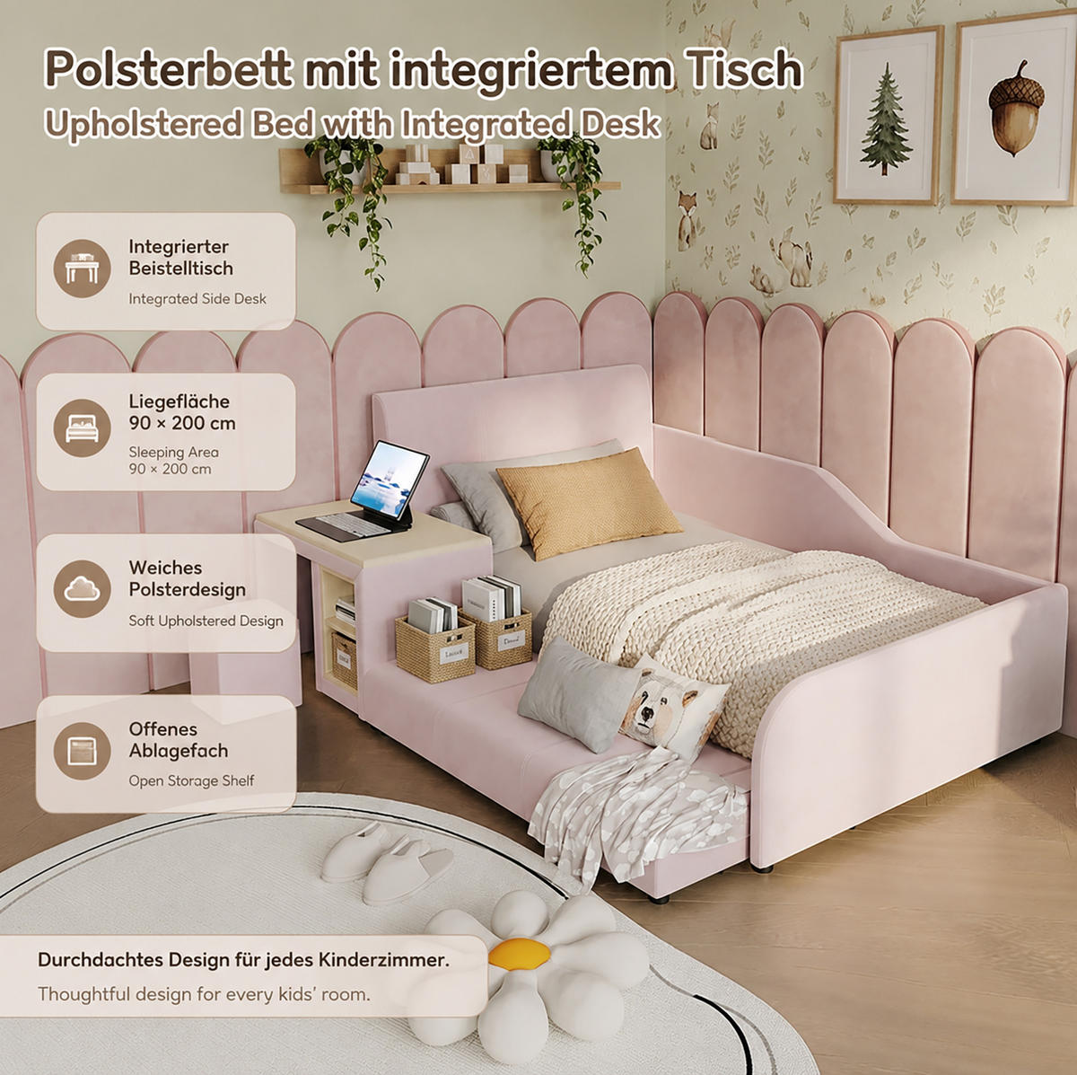 BETT 90/200 cm in Pink mit Schreibtisch, Hocker und Ablageboden - Rosa, Textil (90/200cm) - Flora Grace