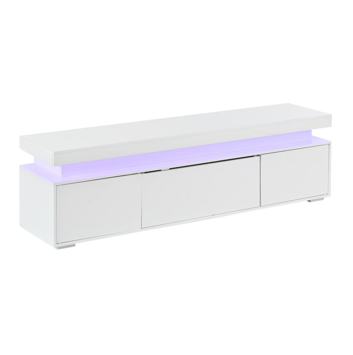 TV stolek 150/35/43 cm se 3 dvířky, 4 přihrádkami, LED osvětlením a vysokým leskem, bílá dřevotříska - bílá, kompozitní dřevo (150/43/35cm) - Redom