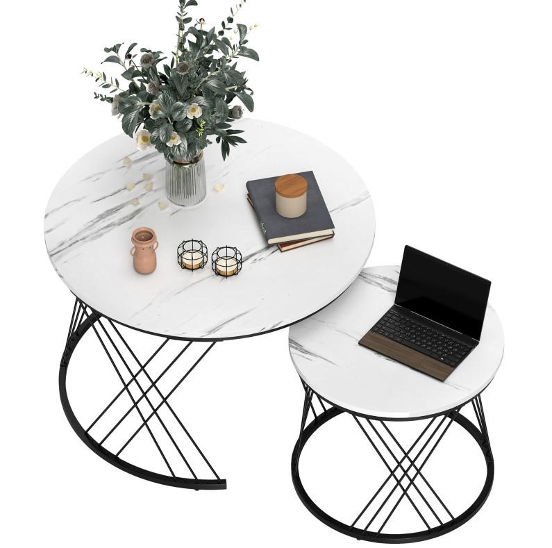 COUCHTISCH-SET 70/70/46,5 cm & 44,5/44,5/39 cm nestbar mit Marmoroptik und Metallgestell, Weiß - Weiß, Holz (70/70/46.5cm) - Modfu