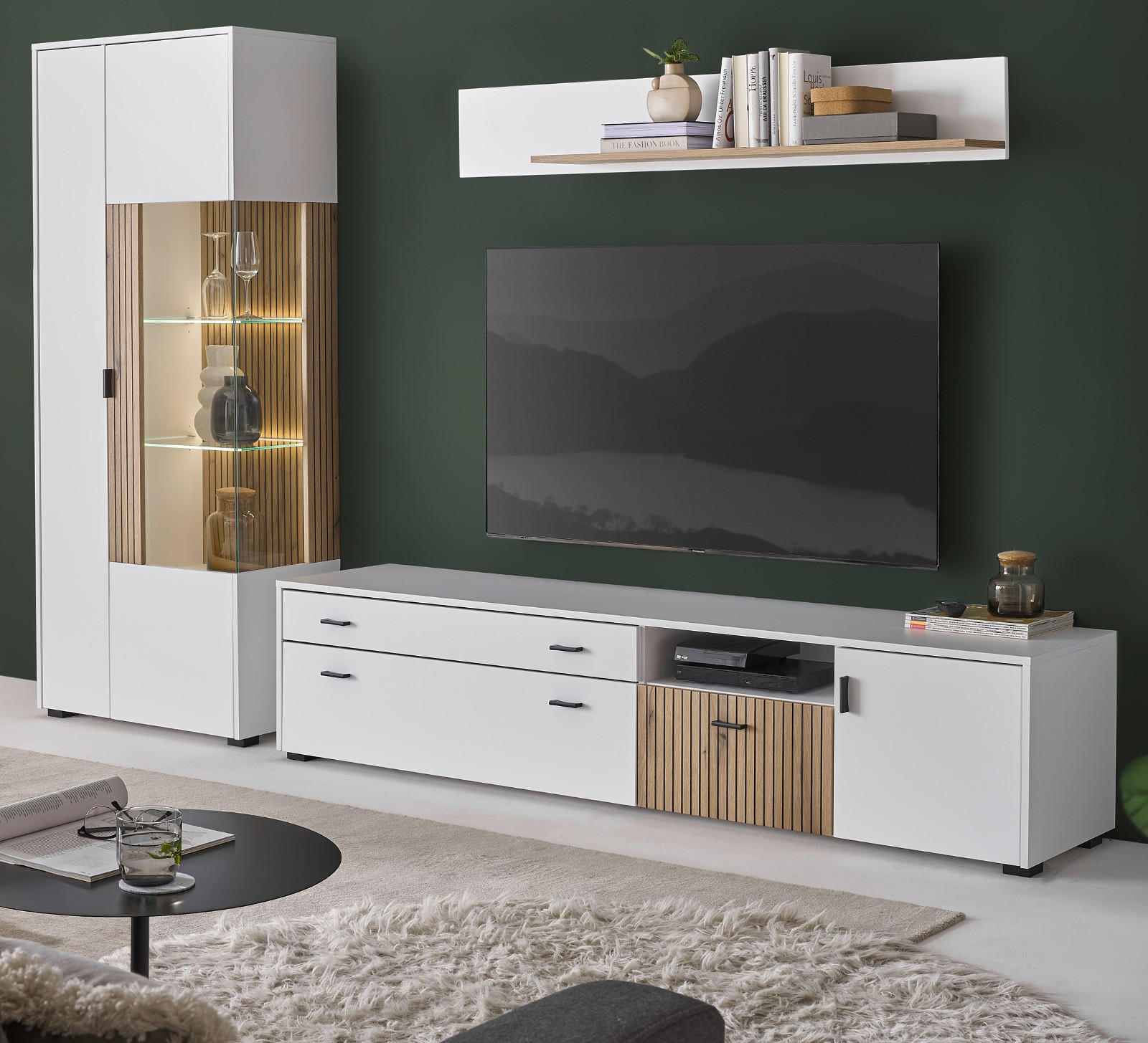 WOHNWAND weiß matt, Evoke Eiche, Wohnkombination 3-teilig 285 x 180 cm - Eichefarben/Weiß, Holzwerkstoff (285/180/42cm) - Furn.Design