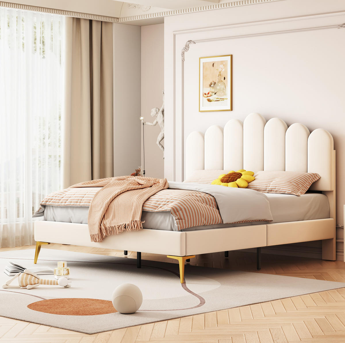 POLSTERBETT 140/200 cm beige aus MDF mit höhenverstellbarem Kopfteil - Beige, Holzwerkstoff (140/200cm) - OKWISH