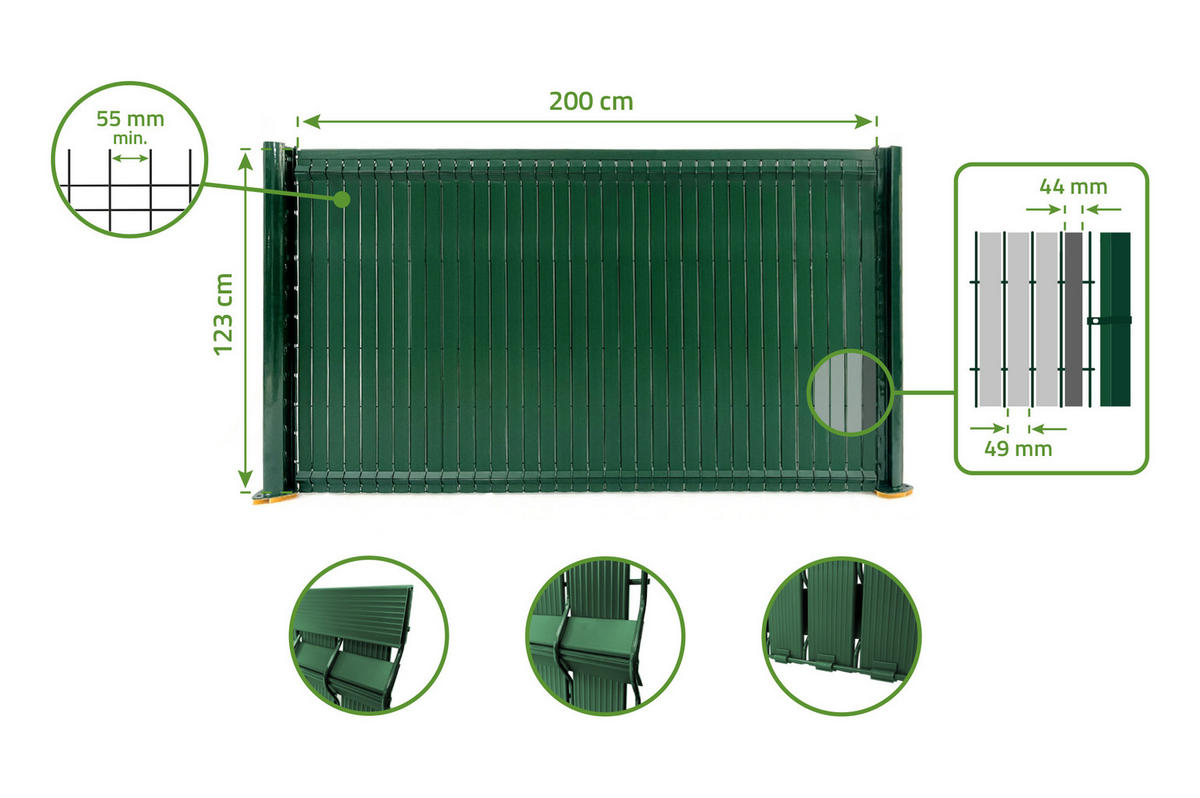 PVC-SICHTSCHUTZLAMELLEN-STEIF-SET Cinto grün 2m H.120cm - Mit clips und Endprofil - Grün, Kunststoff (200/123cm) - Casanoov