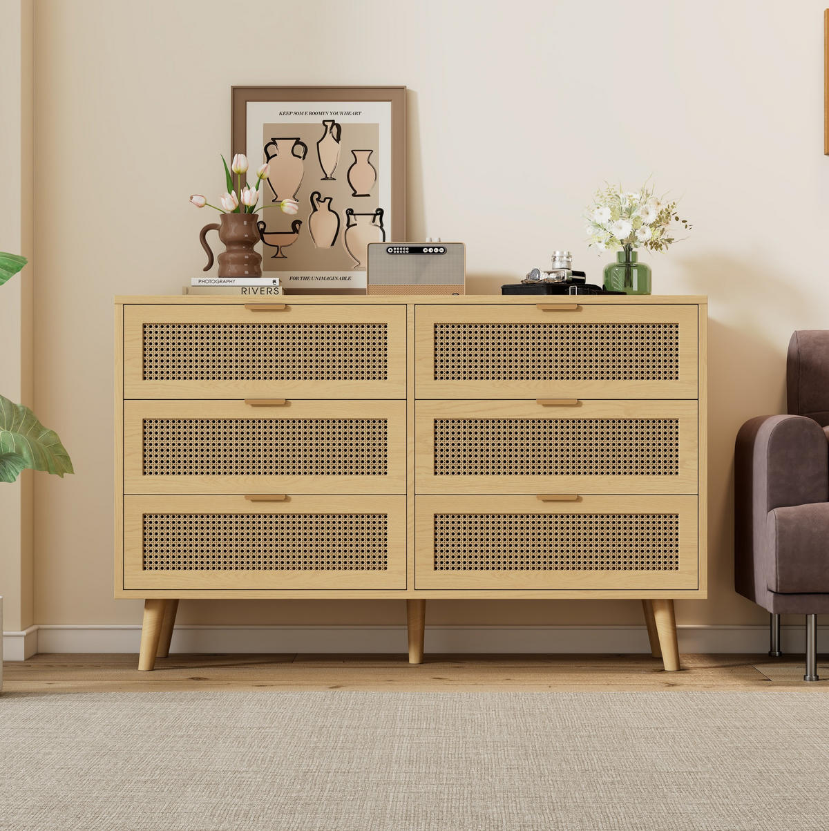 KOMMODEN-SIDEBOARD 120/40/76,5 cm mit 6 Schubladen in Walnussoptik - Eichefarben, Holzwerkstoff (120/76.5/40cm) - BEAOK