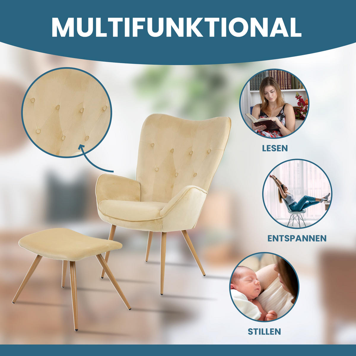 RELAXSESSELSET YORK Samt Bezug mit Hocker, Beige - Beige, Metall (67/100/48cm) - Albatros