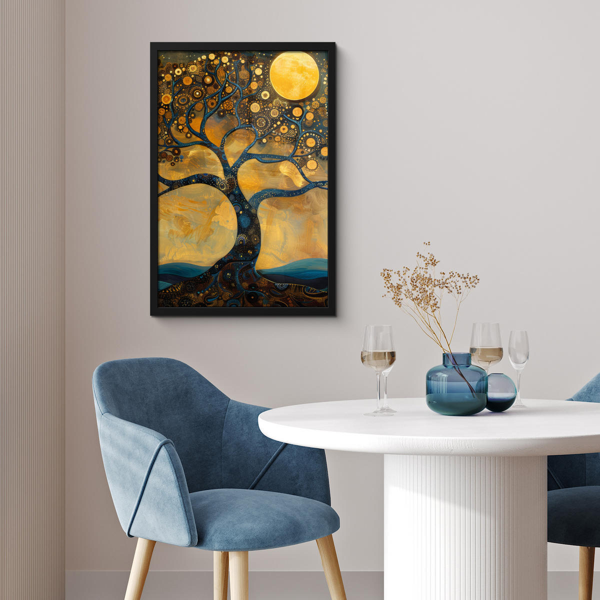 GERAHMTES BILD Baum - Mond - Blumen - Gold - Kunst 40x60 cm - Orange, Papier (40/60cm) - MuchoWow