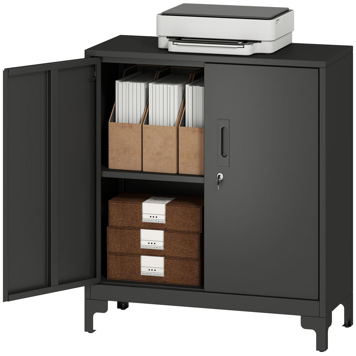 AKTENSCHRANK DE-14513 2 Ebenen, 2 abschließbare Türen Schwarz - Schwarz, Metall (35/91/80cm) - ComfortXL
