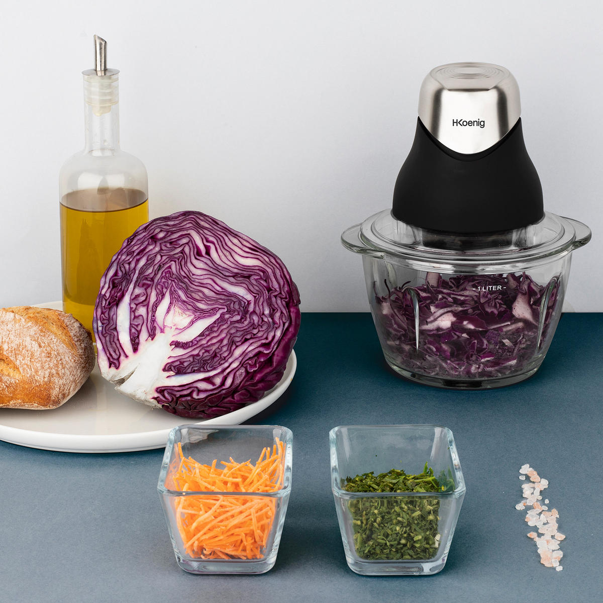 MULTIZERKLEINERER LEO8 Schwarz und Silber, elektronisch, 1L, Edelstahlklingen - Silberfarben/Schwarz, Metall (18.5/21.8/16cm) - HKoenig