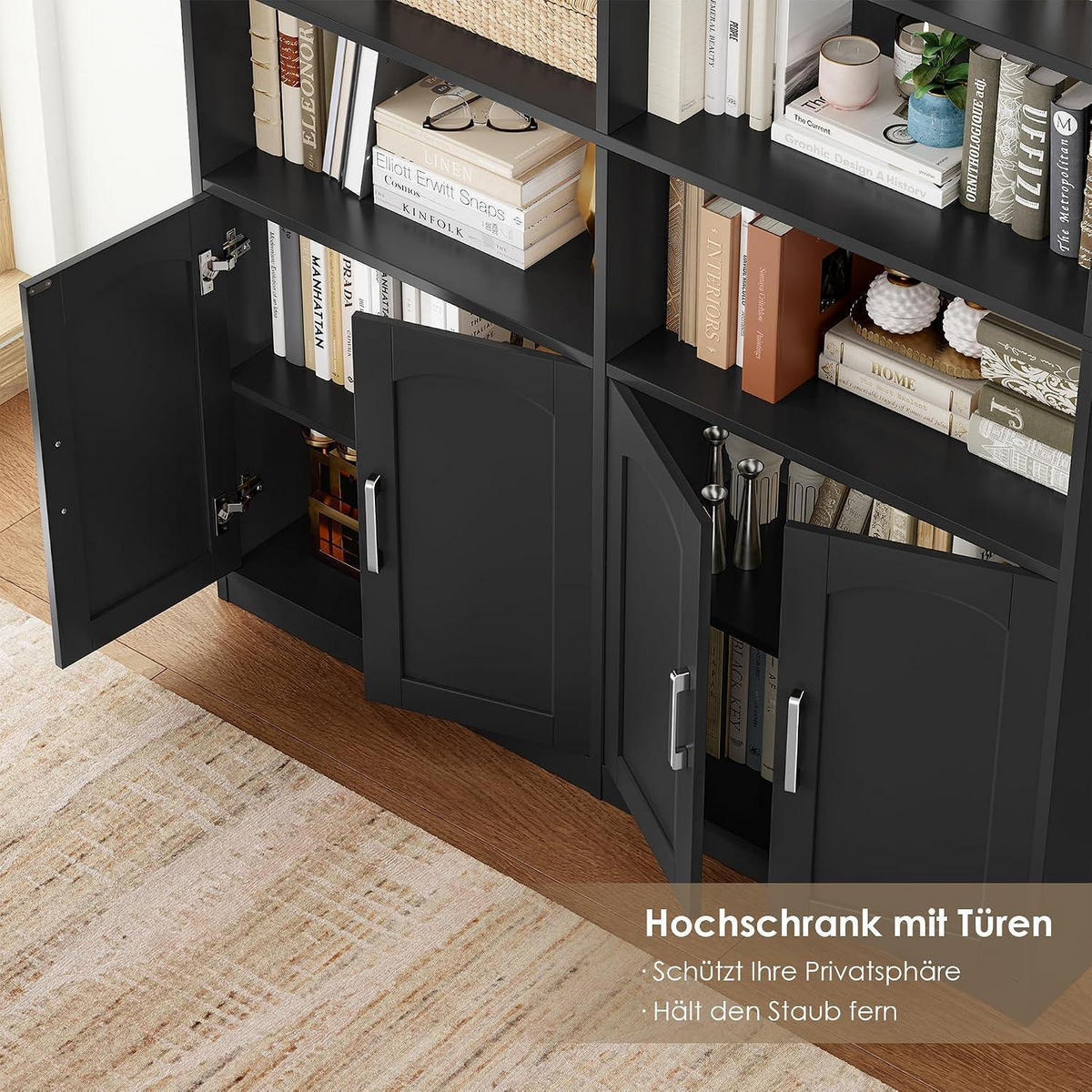 BÜCHERREGAL mit Türen 12 Fächer 115 x 27 x 185,5 cm schwarz - Schwarz, Holzwerkstoff (115/185.5/27cm)