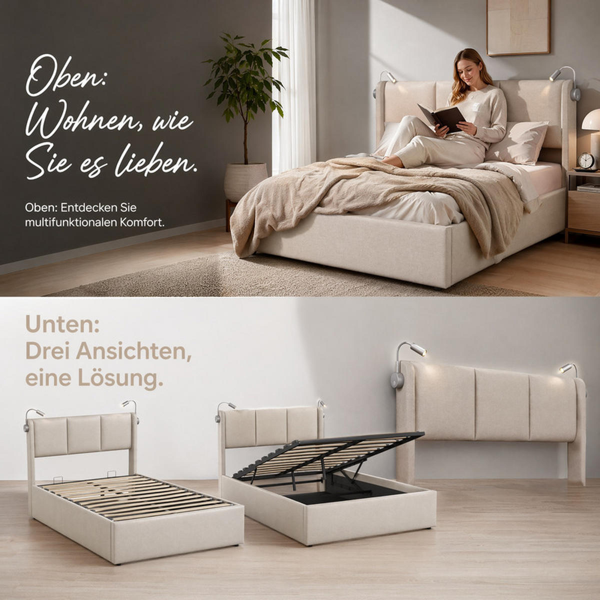 POLSTERBETT 160x200 cm Beige Leinen LED Gaslift Bettkasten - Beige, Holz (160/200cm) - SHOPENTRA