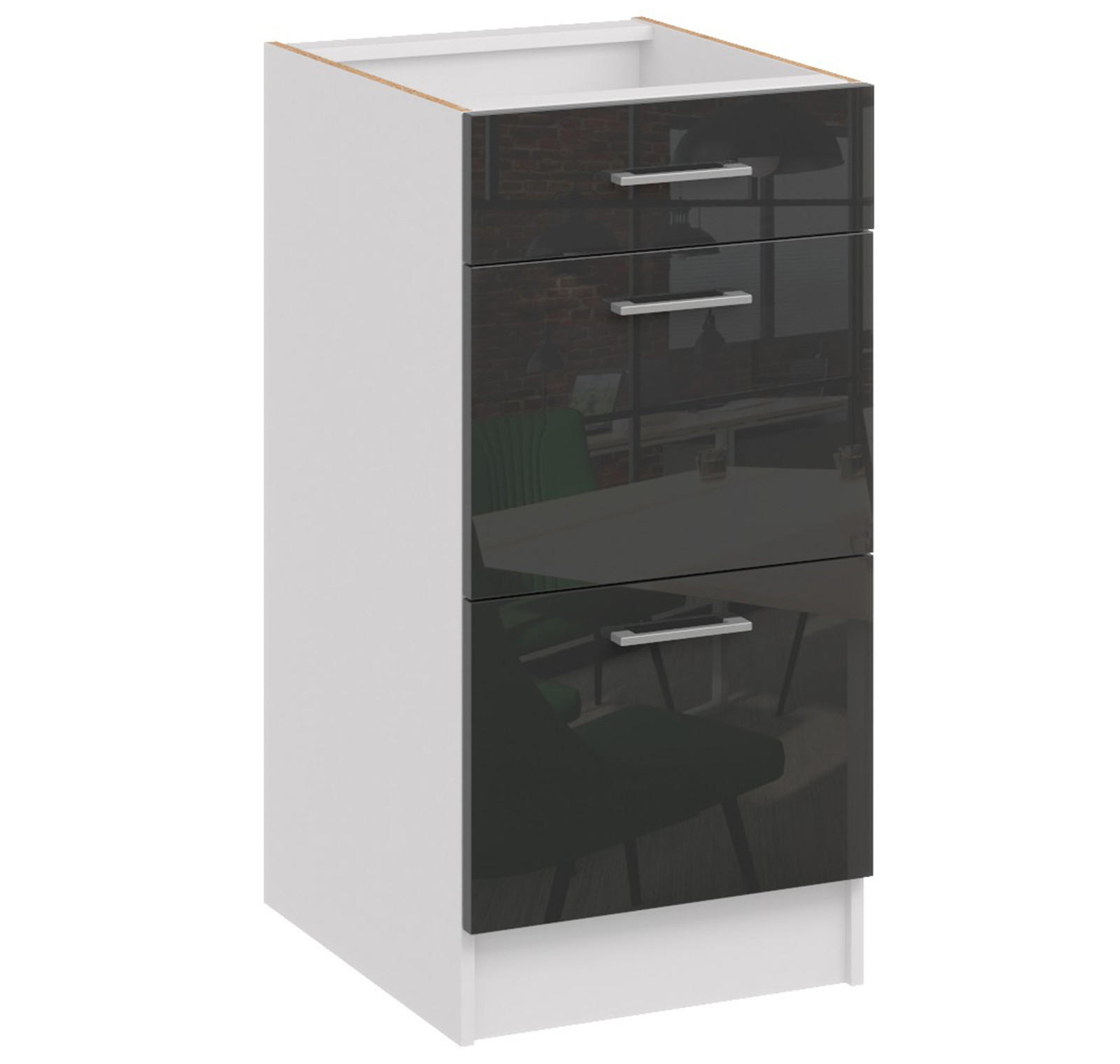 KÜCHENUNTERSCHRANK D40 3SZ schwarz glazn - Schwarz Hochglanz, Holzwerkstoff (40/82/44cm) - roe furniture