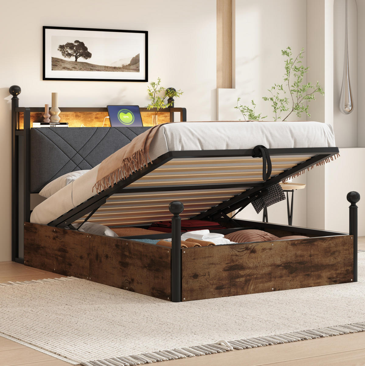 KOVOVÁ postel 90/190 cm s odnímatelným baldachýnem, LED osvětlením, USB a úložným prostorem, Černá - černá, kov (90/190cm) - Redom