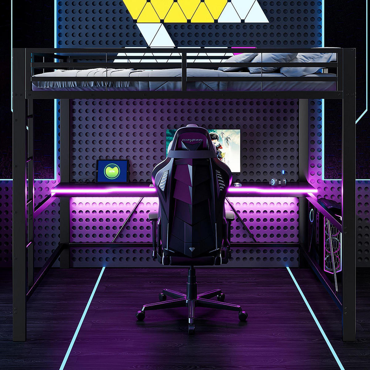 METALLBETT 160x200 cm mit Schreibtisch in Schwarz - Schwarz, Metall (160/200cm) - KOMHTOM