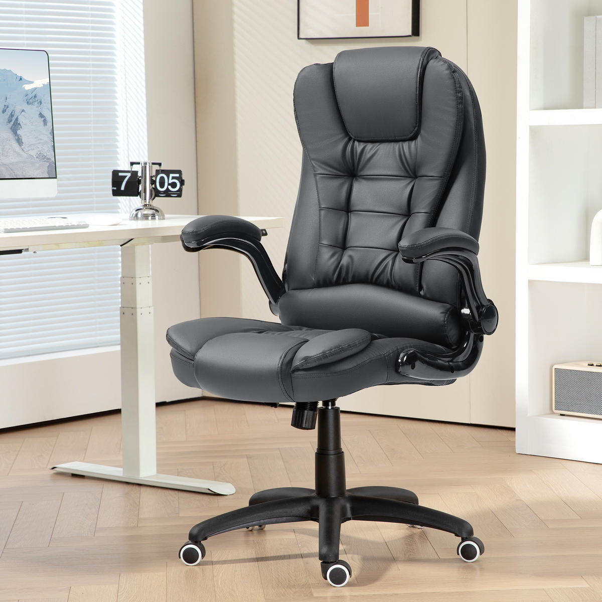 BÜROSTUHL, Ergonomisch Chefsessel mit Wippfunktion, Hochklappbare Armlehne - Dunkelgrau, Kunststoff (69/121/60cm) - HOMCOM