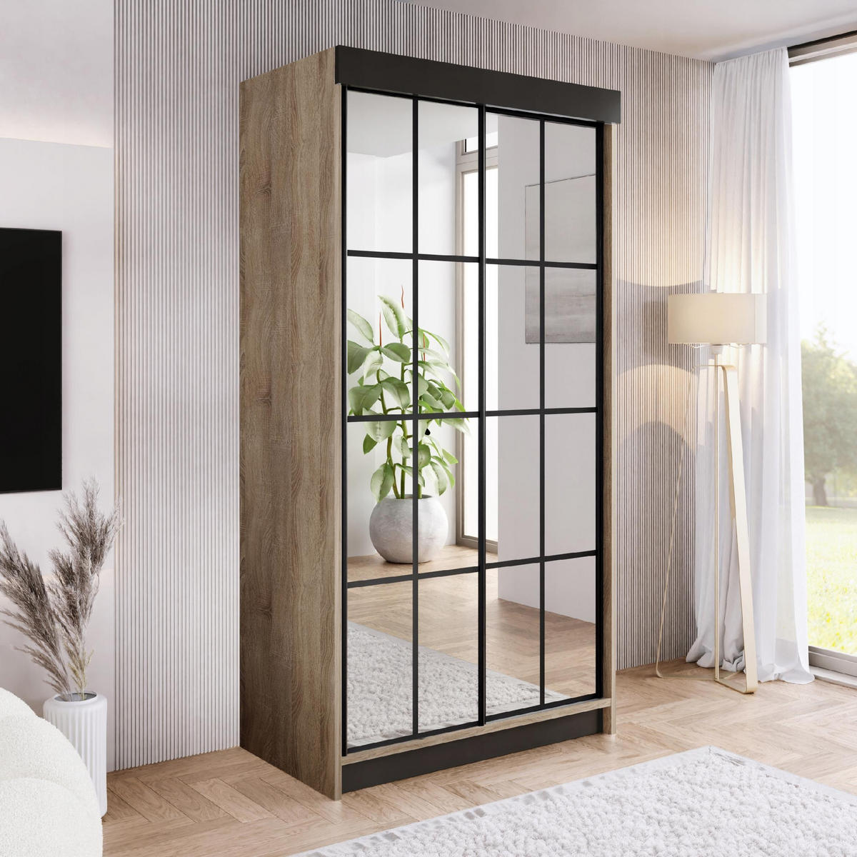 POSUVNÁ SKRIŇA ARI 2 so zrkadlom 150 cm – tmavý jaseň - čierna/dub sonoma, kompozitné drevo (100/200/62cm) - Kier Furniture