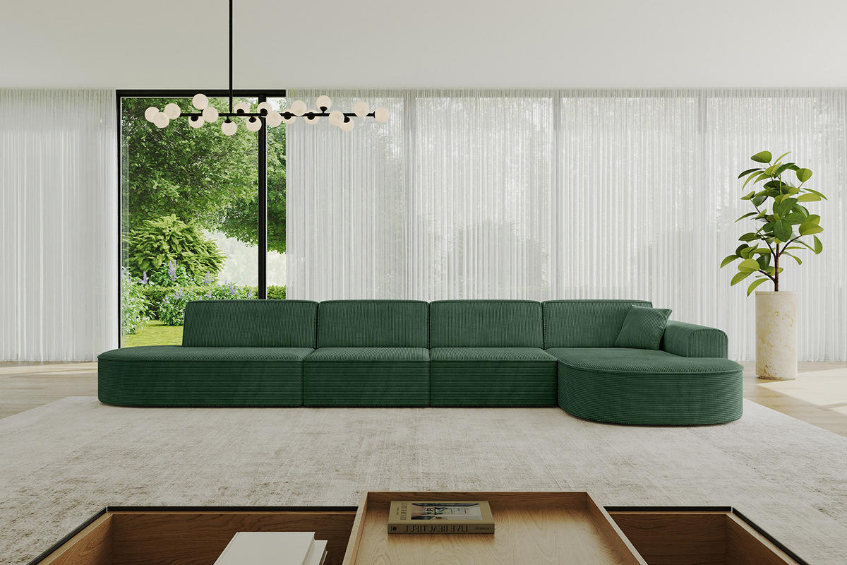 ECKSOFA Ottomane Rechts MARI-L3 - 402x163x73,5 cm Grün Cord - Schwarz/Grün, Holzwerkstoff/Kunststoff (402/163cm) - ALTDECOR