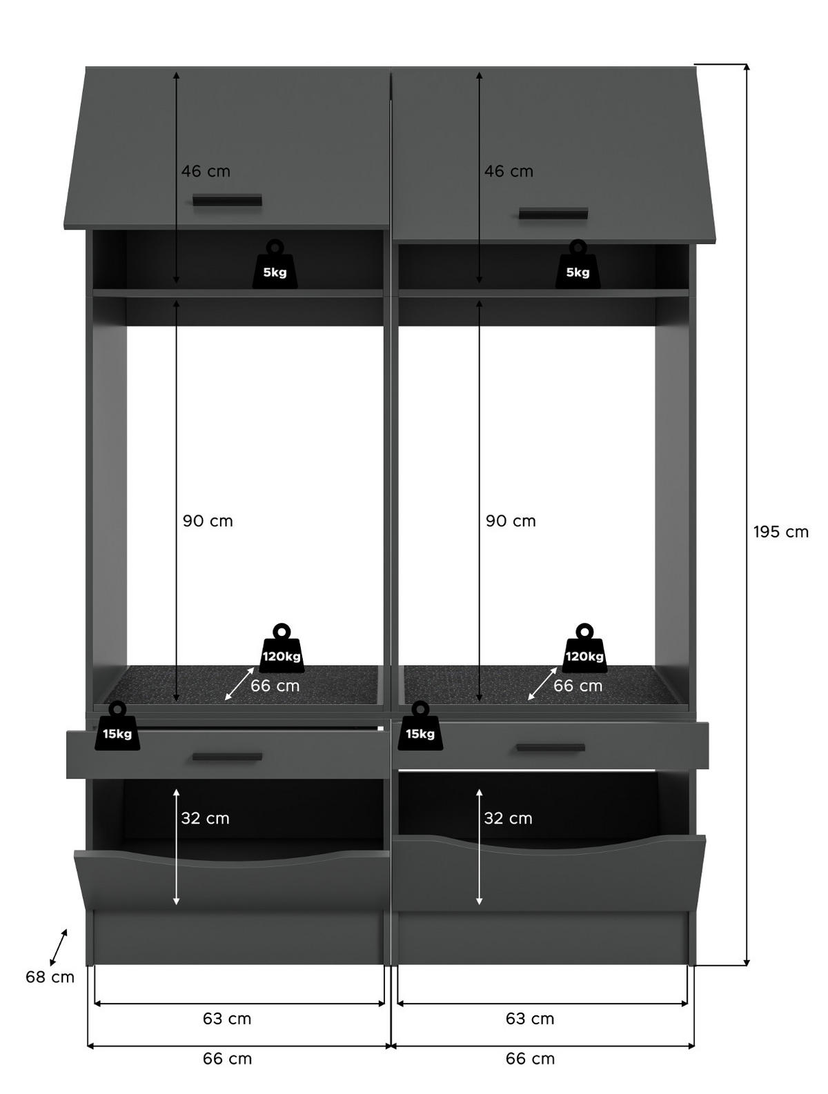 WASCHMASCHINENSCHRANK grau Set 2-teilig 132 x 195 cm, Umbau für Waschmaschine und Trockner - Schwarz/Grau, Holzwerkstoff/Kunststoff (132/195/68cm) - Inn.Furn