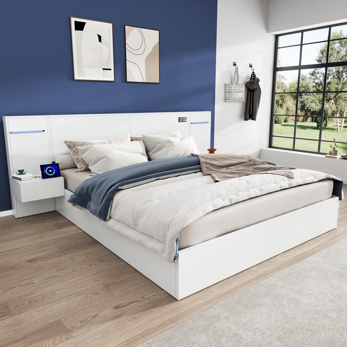 ČALÚNENÁ posteľ 180/200 cm MDF biela, s LED osvetlením, Bluetooth a USB - biela, kompozitné drevo (180/200cm) - BEAOK