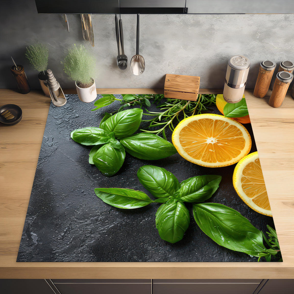 HERDABDECKPLATTE Obst - Grau - Konkret - Orange - Pflanzen Induktionsmatte 78x78 cm - Anthrazit, Kunststoff (78/78/0.2cm) - MuchoWow