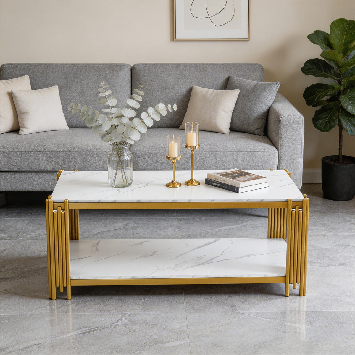 COUCHTISCH 2-stufig, Marmoroptik, Holzwerkstoff, Metallgestell, Weiß und Gold - Weiß, Holzwerkstoff (114/64/46cm) - Meubles Cosy