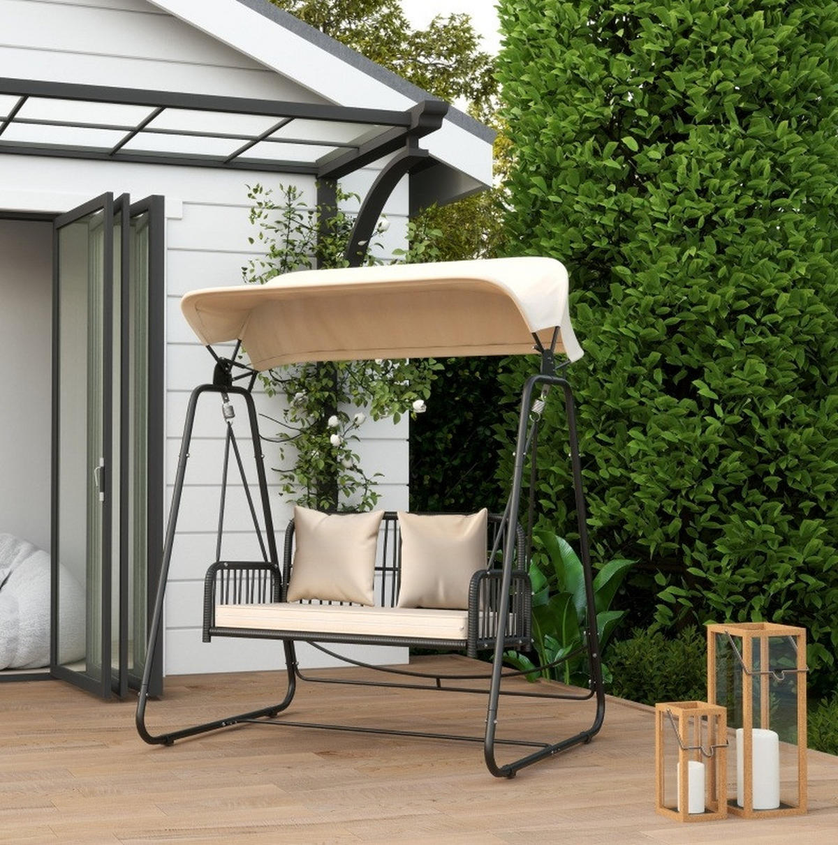HOLLYWOODSCHAUKEL aus Stahl 149x121x180 cm in Beige mit verstellbarem Sonnendach - Beige, Metall (149/180/121cm) - Modfu