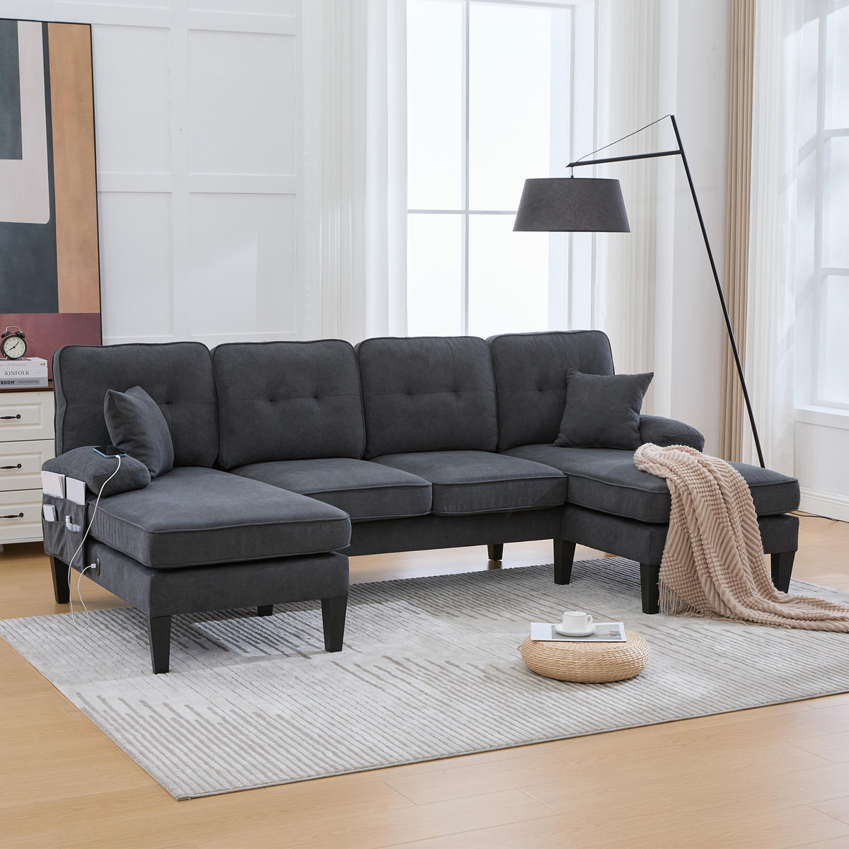 WOHNLANDSCHAFT Leinen Dunkelgrau mit USB, Type-C und Stauraum - Dunkelgrau, Textil (250/88/130cm) - WISHDOR