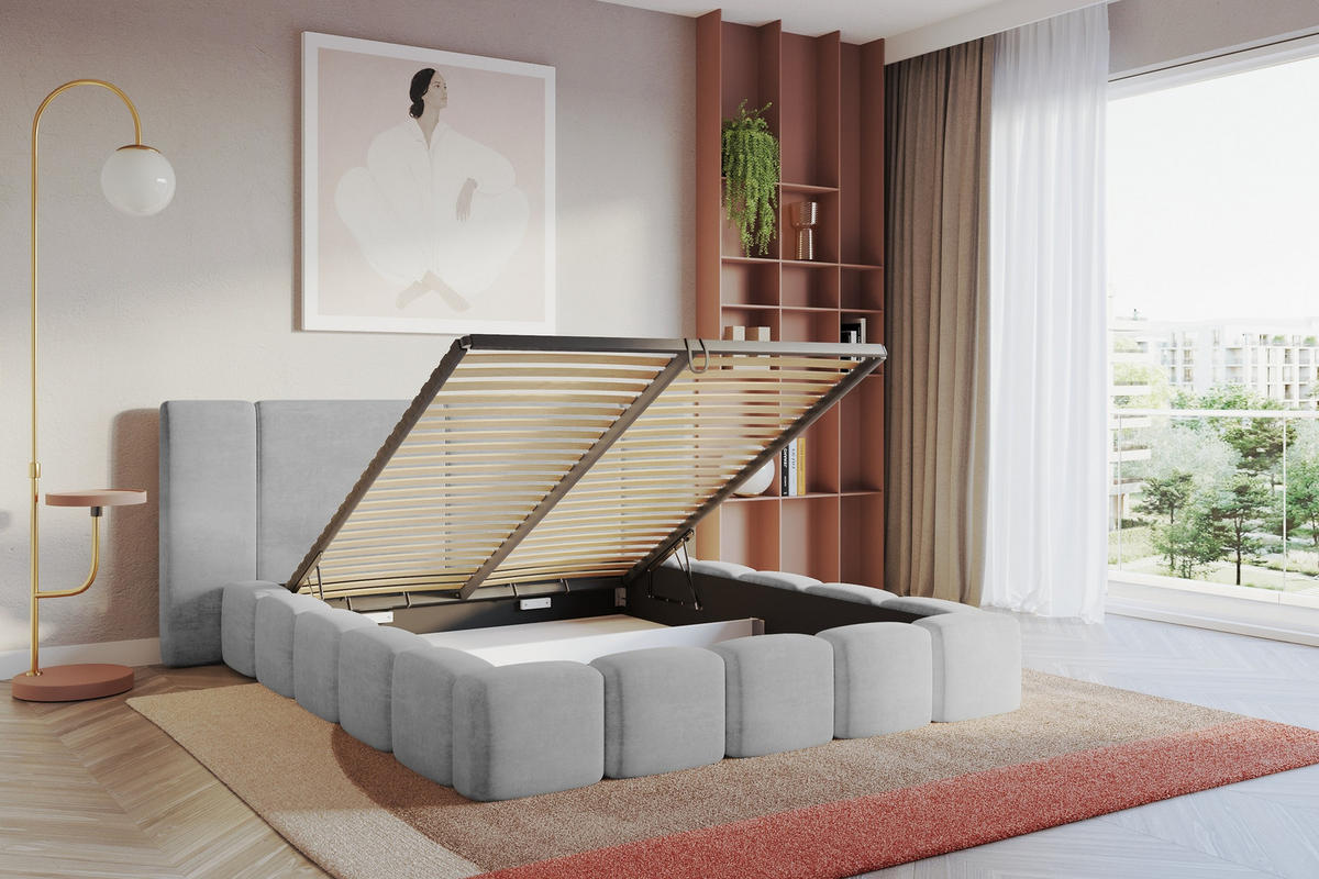 POLSTERBETT mit Bettkasten und Lattenrost, Bett mit Matratze H3/H4 - NILO 140x200 Grau - Hellgrau, Holzwerkstoff/Textil (140/200cm) - ALTDECOR