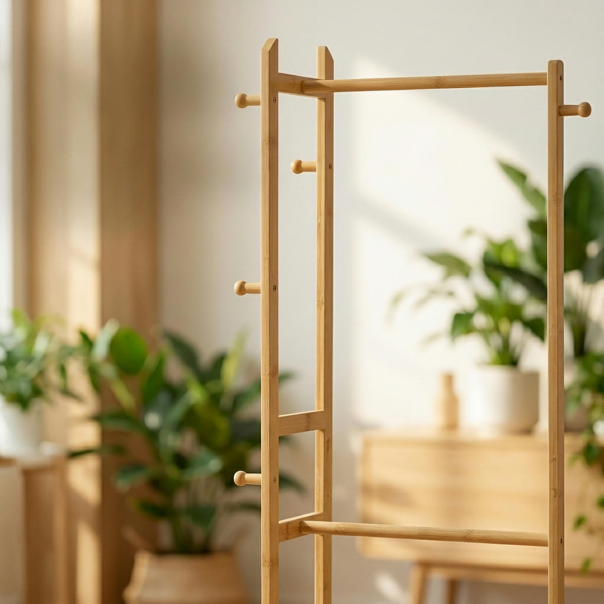 KLÄDSTÄLLNING Natur bambu 5 krokar - Ljusbrun, Trä (48/169/31cm) - Relaxdays