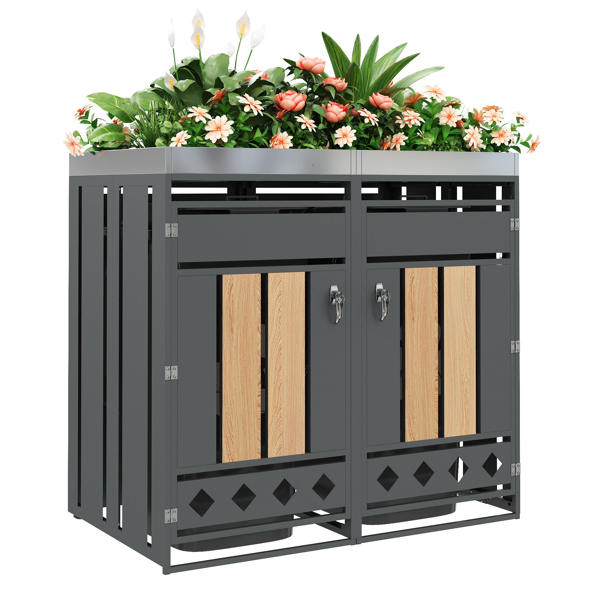MÜLLTONNENBOX aus Stahl in Grau/Holzoptik mit Pflanzkasten & abschließbaren Türen 132x80x124,5 cm - Grau, Metall (132/124.5/80cm) - Modfu